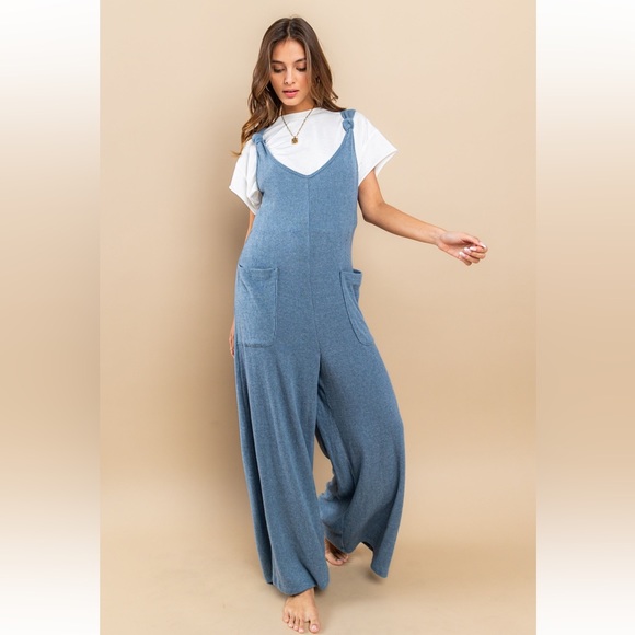36 Brushed Ribbed Knit Knot Strap Wide Leg Jumpsuit - Picture 2 of 5
